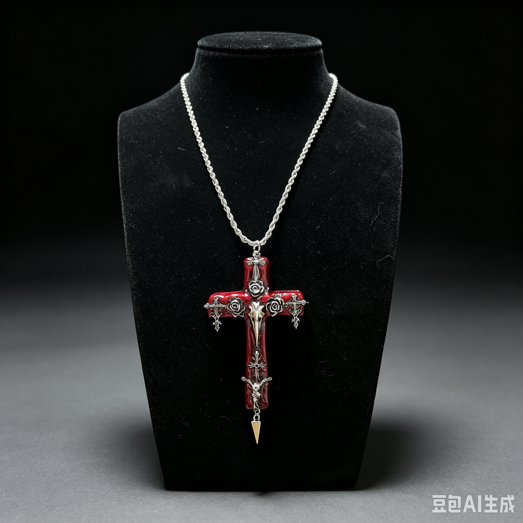 Handmade Blood Red Gothic Cross Necklace | Resin Pendant with Rose, Bird Skull & Spike