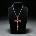Handmade Blood Red Gothic Cross Necklace | Resin Pendant with Rose, Bird Skull & Spike