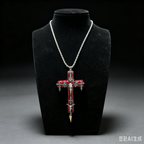 Handmade Blood Red Gothic Cross Necklace | Resin Pendant with Rose, Bird Skull & Spike