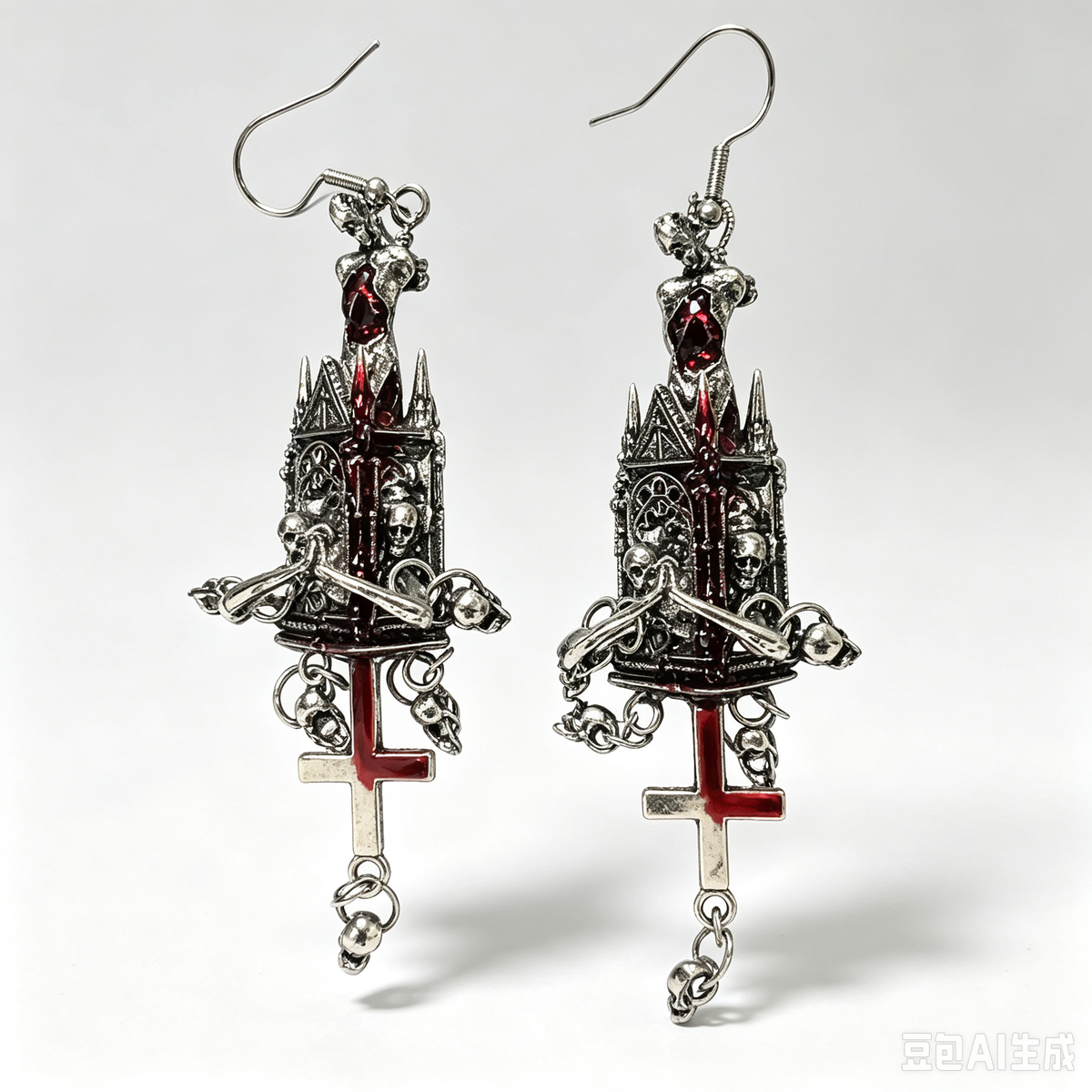 Gothic Cathedral Inverted Cross Dangle Earrings, Antique Silver Skull & Red Blood Tone Church Earrings, Dark Occult Macabre Statement Jewelry