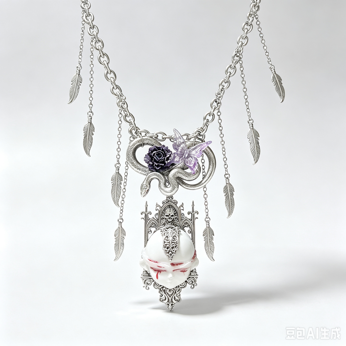 Gothic Doll Head Statement Necklace, Serpent Purple Rose Butterfly Pendant with Feather Tassel, Dark Occult Macabre Chunky Chain Jewelry