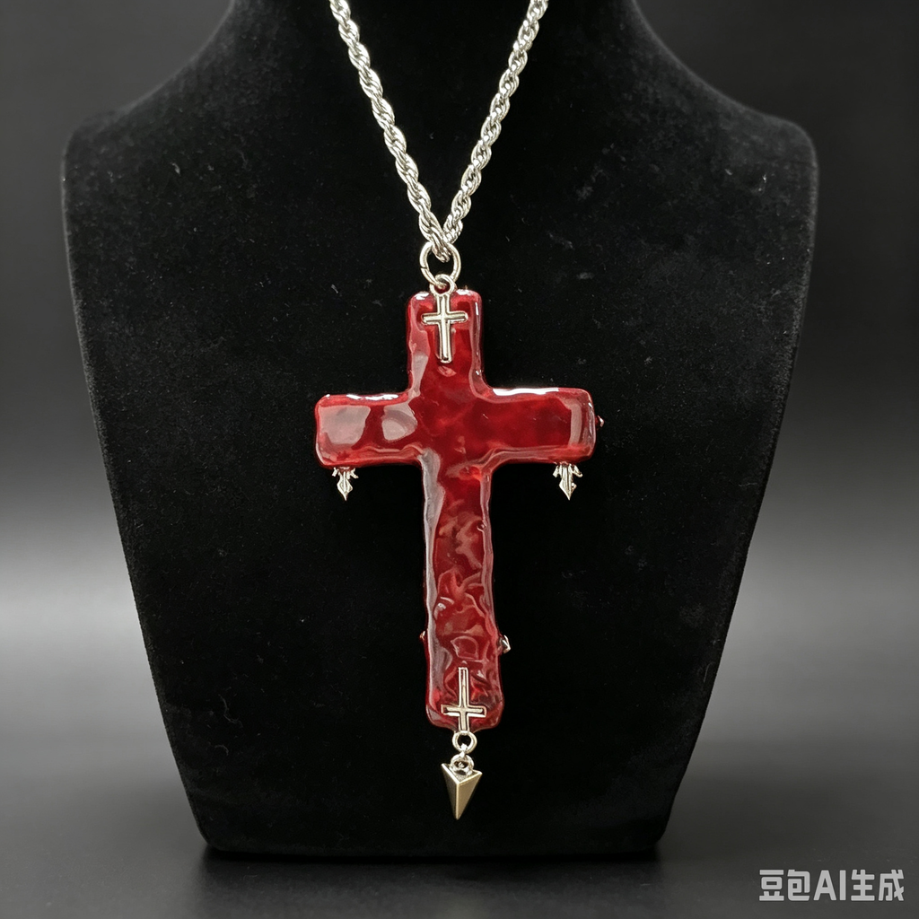 Handmade Blood Red Gothic Cross Necklace | Resin Pendant with Rose, Bird Skull & Spike