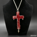 Handmade Blood Red Gothic Cross Necklace | Resin Pendant with Rose, Bird Skull & Spike
