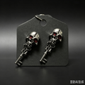 Handmade Gothic Skull Key Stud Earrings, Antique Silver Skeleton with Red Crystal Eyes, Dark Occult Punk Alternative Statement Ear Jewelry