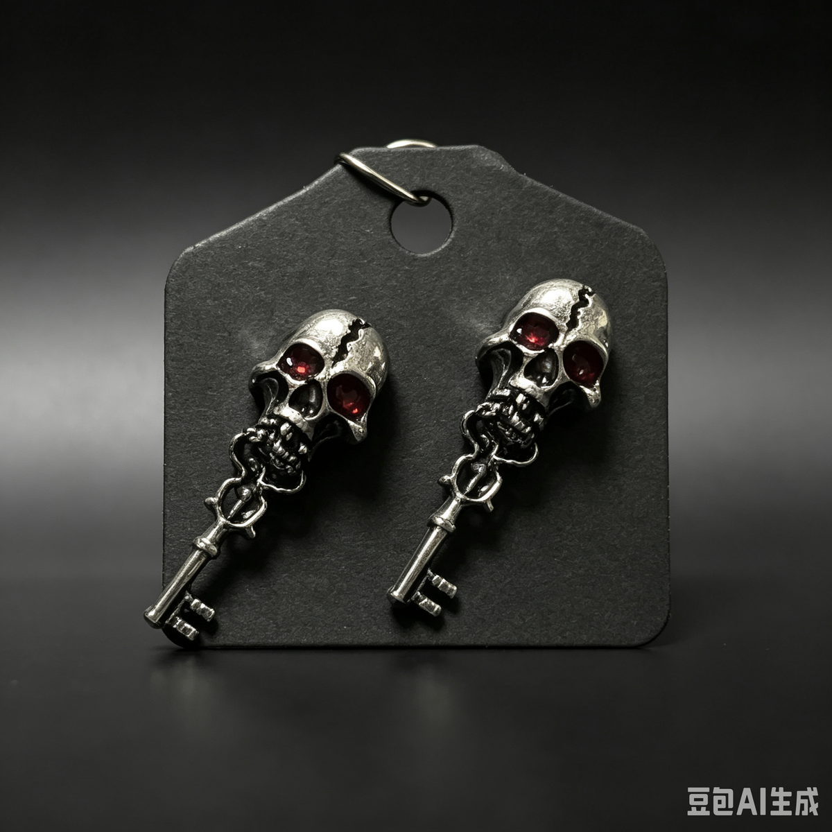 Handmade Gothic Skull Key Stud Earrings, Antique Silver Skeleton with Red Crystal Eyes, Dark Occult Punk Alternative Statement Ear Jewelry