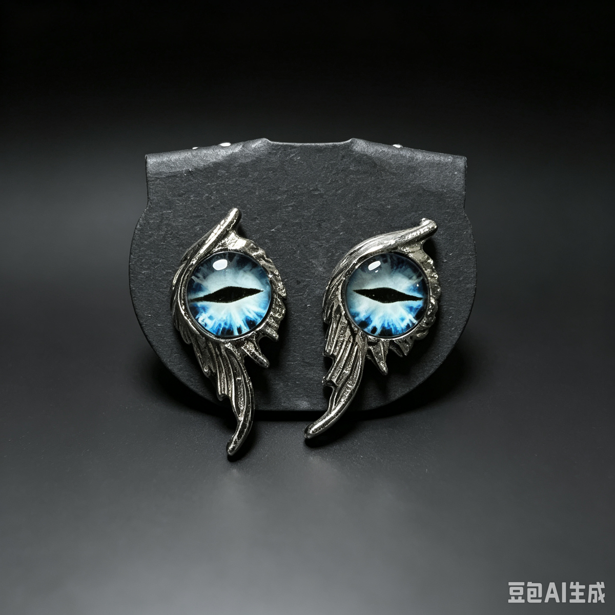 Handmade Gothic Winged Blue Demon Eye Stud Earrings, Antique Silver Feather Wing with Blue Cat Eye, Dark Fantasy Alternative Statement Ear Jewelry