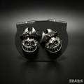 Handmade Gothic Bat Horn Skull Stud Earrings, Antique Silver Grinning Monster Skull Earrings, Dark Halloween Alternative Statement Ear Jewelry