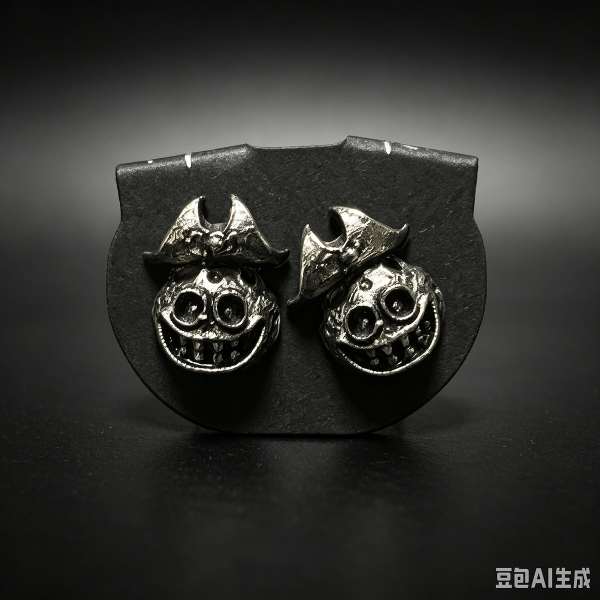 Handmade Gothic Bat Horn Skull Stud Earrings, Antique Silver Grinning Monster Skull Earrings, Dark Halloween Alternative Statement Ear Jewelry