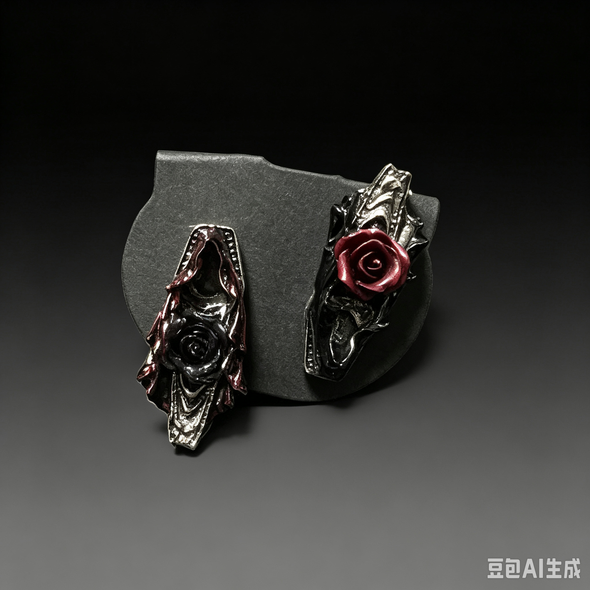 Handmade Gothic Coffin Rose Stud Earrings, Antique Silver Asymmetrical Red & Black Rose Coffin Earrings, Dark Funeral Alternative Statement Ear Jewelry