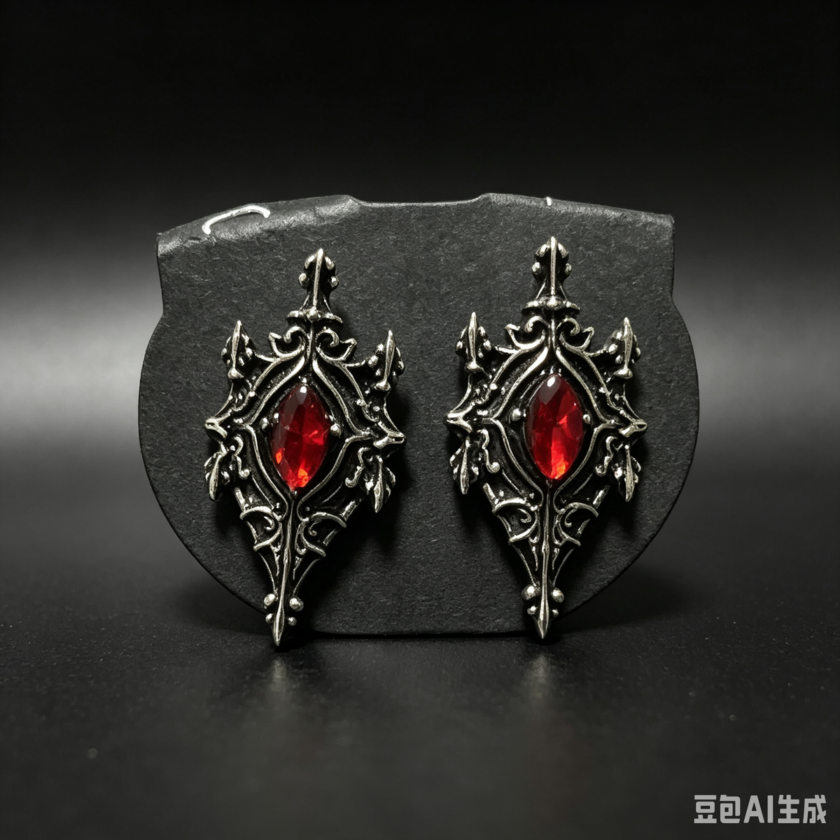Handcrafted Dark Gothic Stud Earrings, Aged Silver Intricate Heraldic Filigree Frame with Marquise Red Rhinestone, Victorian Witchy Punk Alternative Ear Accessories