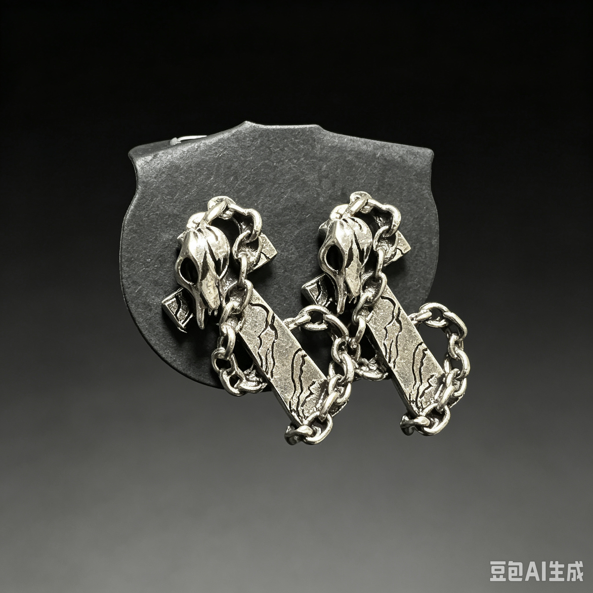 Handmade Gothic Skull Chain Tag Stud Earrings, Antique Silver Cracked Bar Pendant Skeleton Earrings, Dark Punk Alternative Statement Ear Jewelry