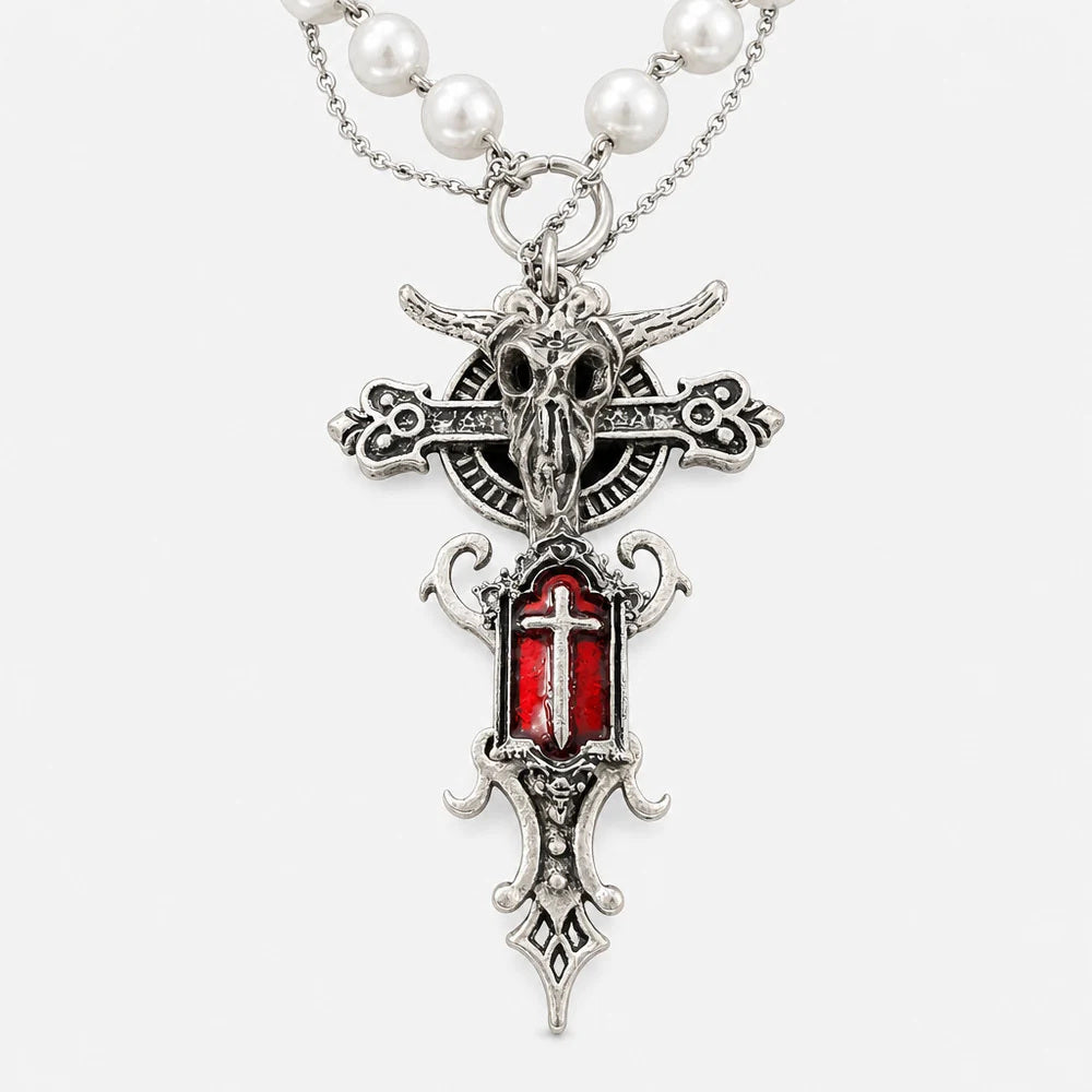 Pearl Chain Skull Angel Cross Necklace detail