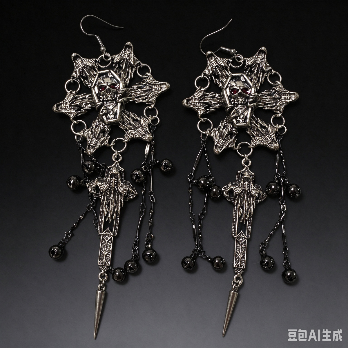 Handmade Gothic Pentagram Skull Dangle Earrings, Red Crystal Eye Coffin Skull Cross Sword Tassel Drop Earrings, Punk Dark Alternative Jewelry