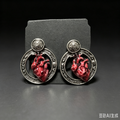 Handmade Gothic Anatomical Heart Stud Earrings, Antique Silver Ornate Hoop Red Realistic Human Heart Earrings, Dark Medical Alternative Statement Ear Jewelry