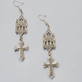 Gothic Cathedral Cross Dangle Earrings, Antique Silver Gothic Church Architecture Charm, Ornate Filigree Cross Drop, Victorian Dark Occult Long Statement Earrings
