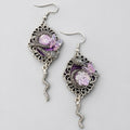 Gothic Snake Purple Rose Butterfly Dangle Earrings, Antique Silver Filigree Frame, Serpent Tassel Drop, Dark Witchy Victorian Statement Earrings