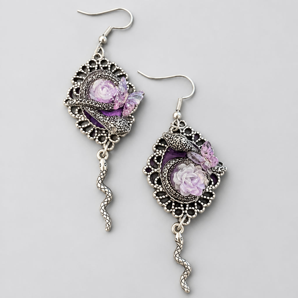 Gothic Snake Purple Rose Butterfly Dangle Earrings, Antique Silver Filigree Frame, Serpent Tassel Drop, Dark Witchy Victorian Statement Earrings