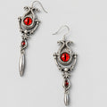 Gothic Twin Serpent Red Dragon Eye Dangle Earrings, Antique Silver Baroque Frame, Red Crystal & Metal Spike Drop, Dark Fantasy Mythology Long Statement Earrings