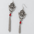 Gothic Medusa Portrait Dangle Tassel Earrings, Antique Silver Baroque Frame with Red Marquise Crystal, Greek Mythology Serpent Goddess Long Statement Earrings