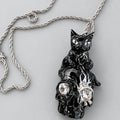 Gothic Black Cat Skull Pendant Necklace, Clear Crystal Eyes, Silver Flame Detail, Dark Witchy Macabre  Twisted Rope Chain Statement Necklace