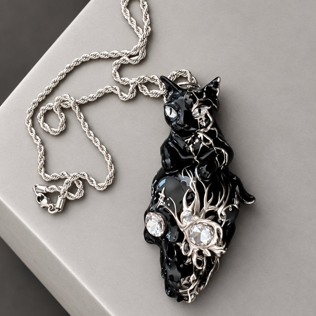 Gothic Black Cat Skull Pendant Necklace, Clear Crystal Eyes, Silver Flame Detail, Dark Witchy Macabre  Twisted Rope Chain Statement Necklace