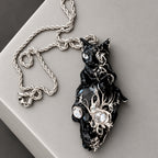 Gothic Black Cat Skull Pendant Necklace, Clear Crystal Eyes, Silver Flame Detail, Dark Witchy Macabre  Twisted Rope Chain Statement Necklace