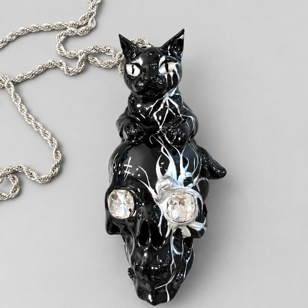 Gothic Black Cat Skull Pendant Necklace, Clear Crystal Eyes, Silver Flame Detail, Dark Witchy Macabre  Twisted Rope Chain Statement Necklace