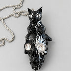 Gothic Black Cat Skull Pendant Necklace, Clear Crystal Eyes, Silver Flame Detail, Dark Witchy Macabre  Twisted Rope Chain Statement Necklace
