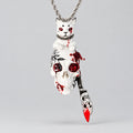 Gothic Bloody White Cat Skull Pendant Necklace, Red Crystal Eyes, Bloody Knife Charm, Macabre Horror Dark Fantasy Rope Chain Necklace