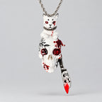Gothic Bloody White Cat Skull Pendant Necklace, Red Crystal Eyes, Bloody Knife Charm, Macabre Horror Dark Fantasy Rope Chain Necklace
