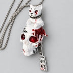 Gothic Bloody White Cat Skull Pendant Necklace, Red Crystal Eyes, Bloody Knife Charm, Macabre Horror Dark Fantasy Rope Chain Necklace