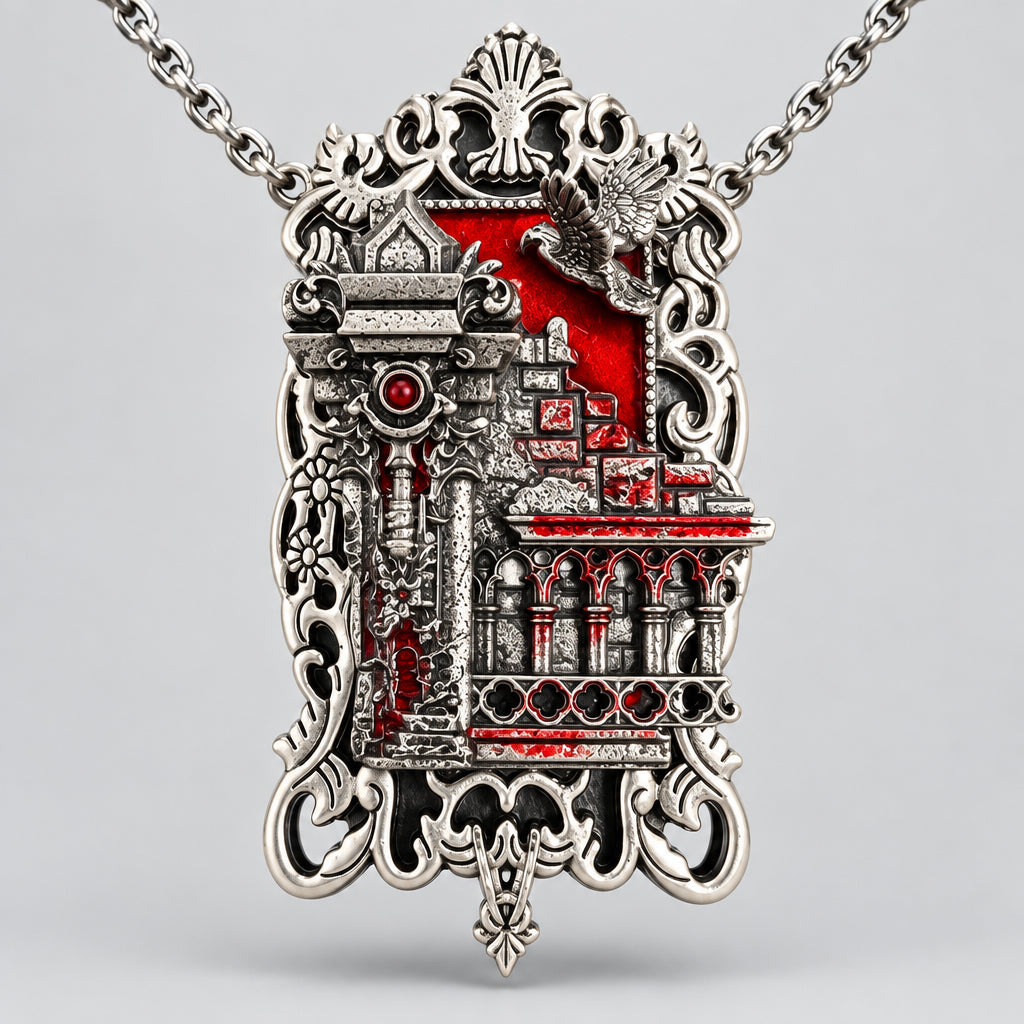 Gothic Multi-Layer Cathedral Castle Statement Necklace, Baroque Frame Red Castle Art, Church Cross & Gothic Architecture Charms, Dark Victorian Tiered Necklace