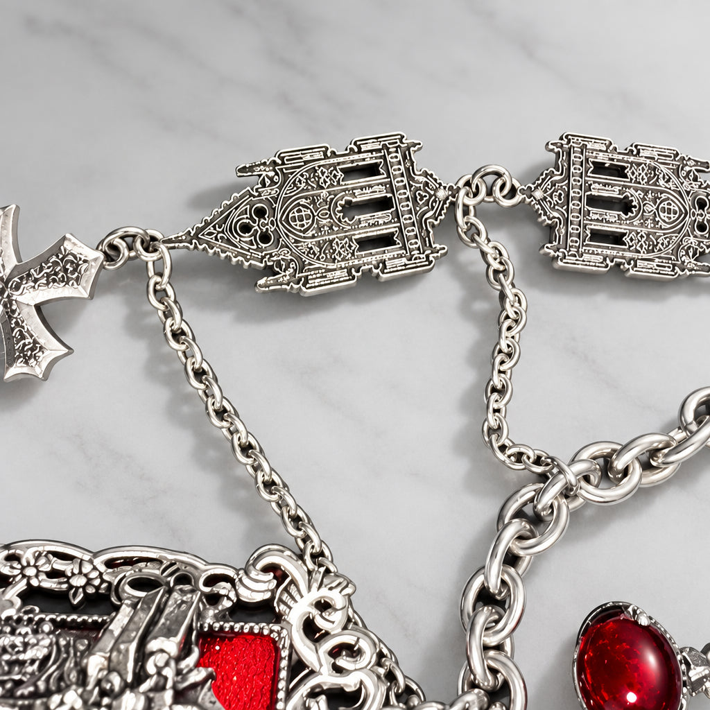 Gothic Multi-Layer Cathedral Castle Statement Necklace, Baroque Frame Red Castle Art, Church Cross & Gothic Architecture Charms, Dark Victorian Tiered Necklace