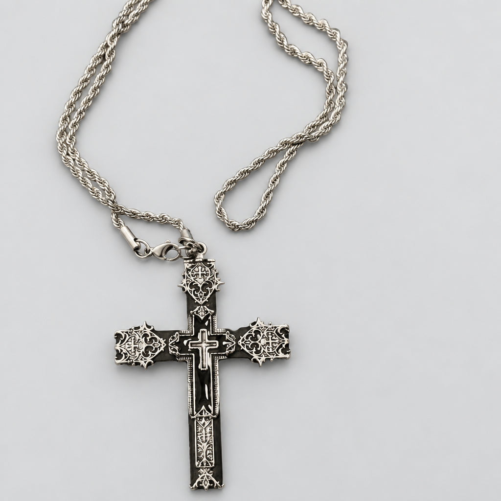 Gothic Baroque Ornate Black Cross Sword Pendant Necklace, Vintage Filigree Silver Overlay, Dark Occult Punk Adjustable Chain Statement Necklace