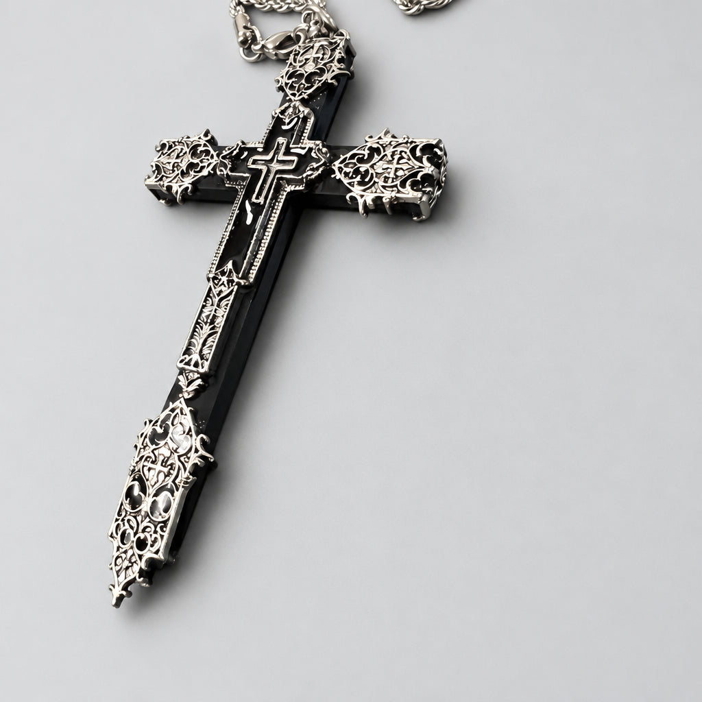 Gothic Baroque Ornate Black Cross Sword Pendant Necklace, Vintage Filigree Silver Overlay, Dark Occult Punk Adjustable Chain Statement Necklace