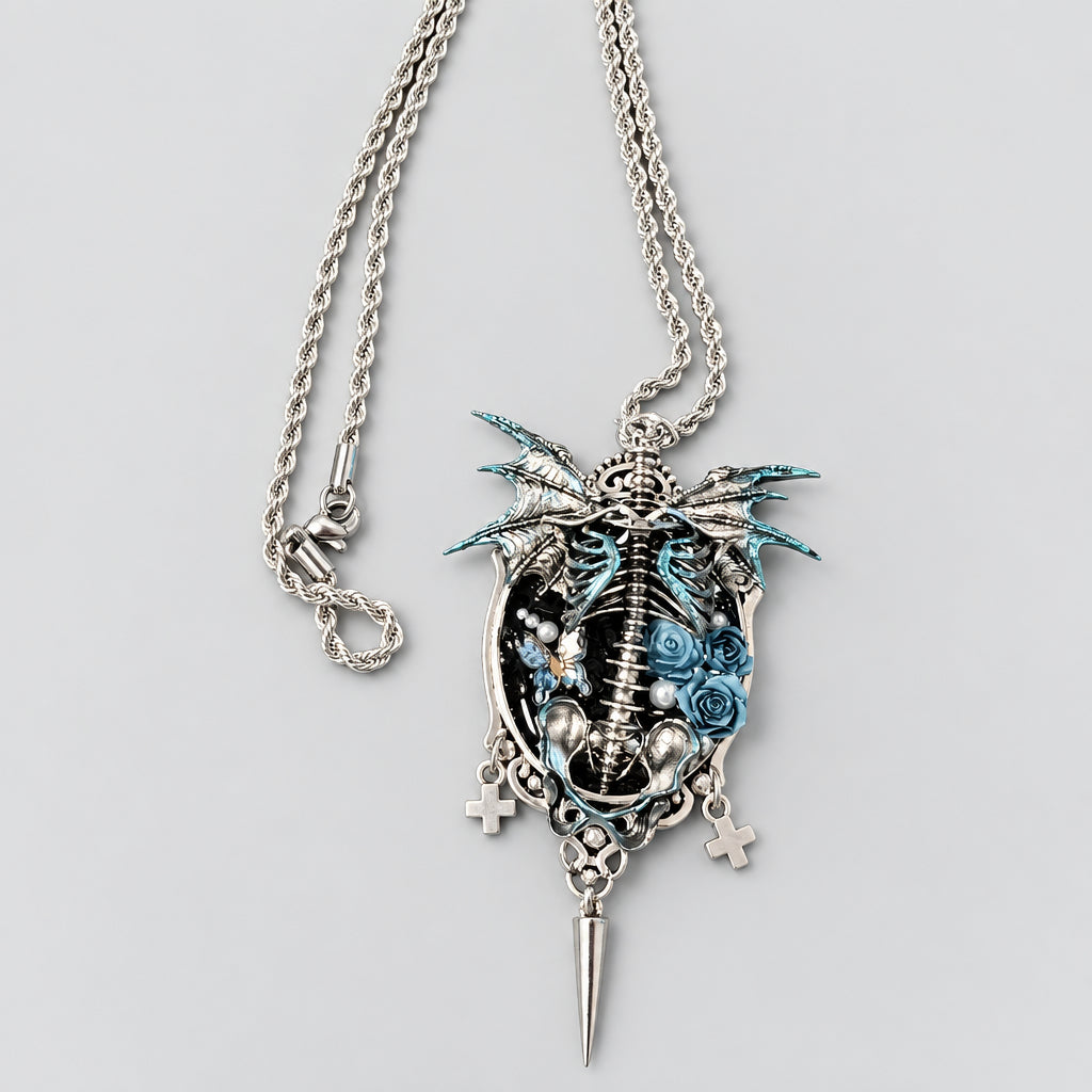 Gothic Bat Wing Skeleton Blue Rose Necklace, Baroque Frame with Cross Charms & Metal Spike Pendant, Dark Macabre Fantasy Adjustable Chain Necklace