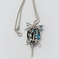 Gothic Bat Wing Skeleton Blue Rose Necklace, Baroque Frame with Cross Charms & Metal Spike Pendant, Dark Macabre Fantasy Adjustable Chain Necklace
