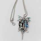 Gothic Bat Wing Skeleton Blue Rose Necklace, Baroque Frame with Cross Charms & Metal Spike Pendant, Dark Macabre Fantasy Adjustable Chain Necklace