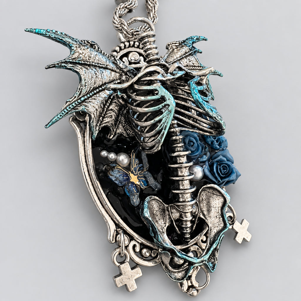 Gothic Bat Wing Skeleton Blue Rose Necklace, Baroque Frame with Cross Charms & Metal Spike Pendant, Dark Macabre Fantasy Adjustable Chain Necklace