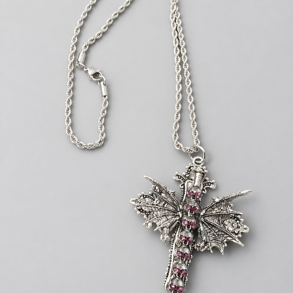 Gothic Bat Wing Cross Skull Pendant Necklace, Antique Silver Stacked Skulls with Ruby Red Crystals, Dark Occult Punk Statement Necklace