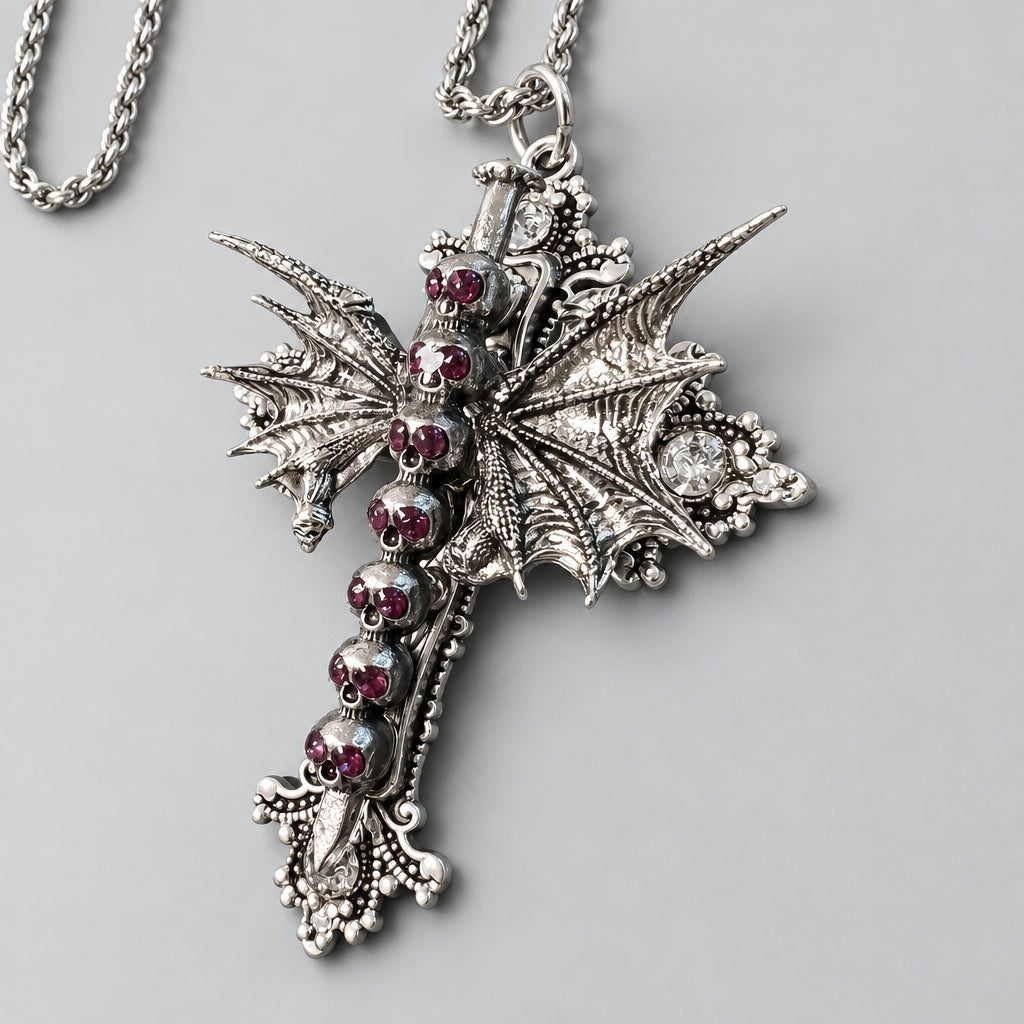 Gothic Bat Wing Cross Skull Pendant Necklace, Antique Silver Stacked Skulls with Ruby Red Crystals, Dark Occult Punk Statement Necklace