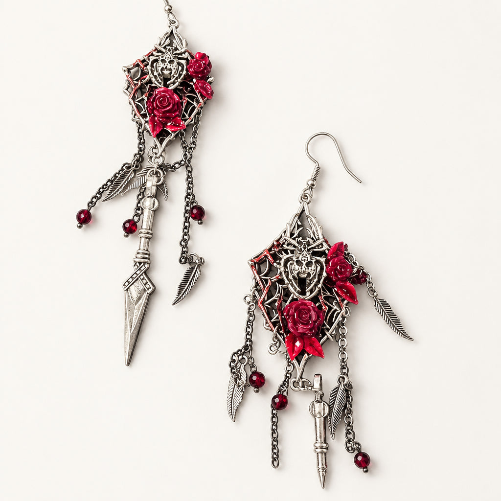 Gothic Spiderweb Skull Red Rose Spear Dangle Earrings, Antique Silver Feather Charms & Red Crystal Bead Tassels, Dark Witch Macabre Long Statement Earrings