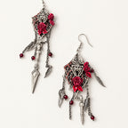 Gothic Spiderweb Skull Red Rose Spear Dangle Earrings, Antique Silver Feather Charms & Red Crystal Bead Tassels, Dark Witch Macabre Long Statement Earrings