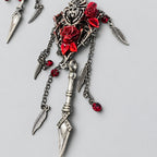 Gothic Spiderweb Skull Red Rose Spear Dangle Earrings, Antique Silver Feather Charms & Red Crystal Bead Tassels, Dark Witch Macabre Long Statement Earrings
