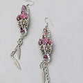 Gothic Rose Scorpion Dangle Earrings, Pink Magenta Rose on Scorpion Body, Antique Silver Feather Chain Tassel, Dark Witchy Punk Long Statement Earrings