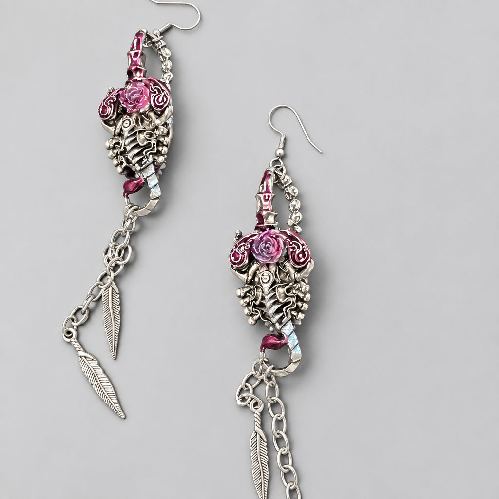 Gothic Rose Scorpion Dangle Earrings, Pink Magenta Rose on Scorpion Body, Antique Silver Feather Chain Tassel, Dark Witchy Punk Long Statement Earrings