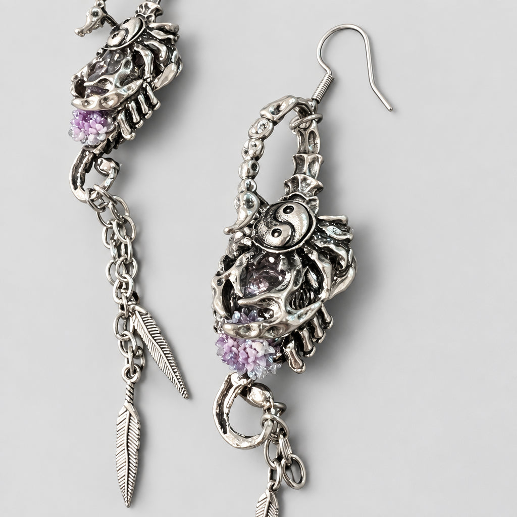 Gothic Rose Scorpion Dangle Earrings, Pink Magenta Rose on Scorpion Body, Antique Silver Feather Chain Tassel, Dark Witchy Punk Long Statement Earrings