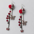 Gothic Skull Red Rose Skeleton Key Dangle Earrings, Red Crystal Beads & Red Rhinestone Butterfly Charms, Dark Romance Long Tassel Statement Earrings