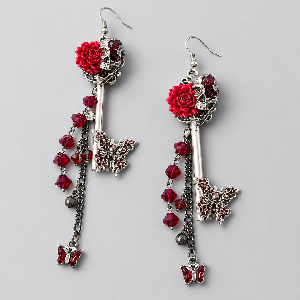 Gothic Skull Red Rose Skeleton Key Dangle Earrings, Red Crystal Beads & Red Rhinestone Butterfly Charms, Dark Romance Long Tassel Statement Earrings