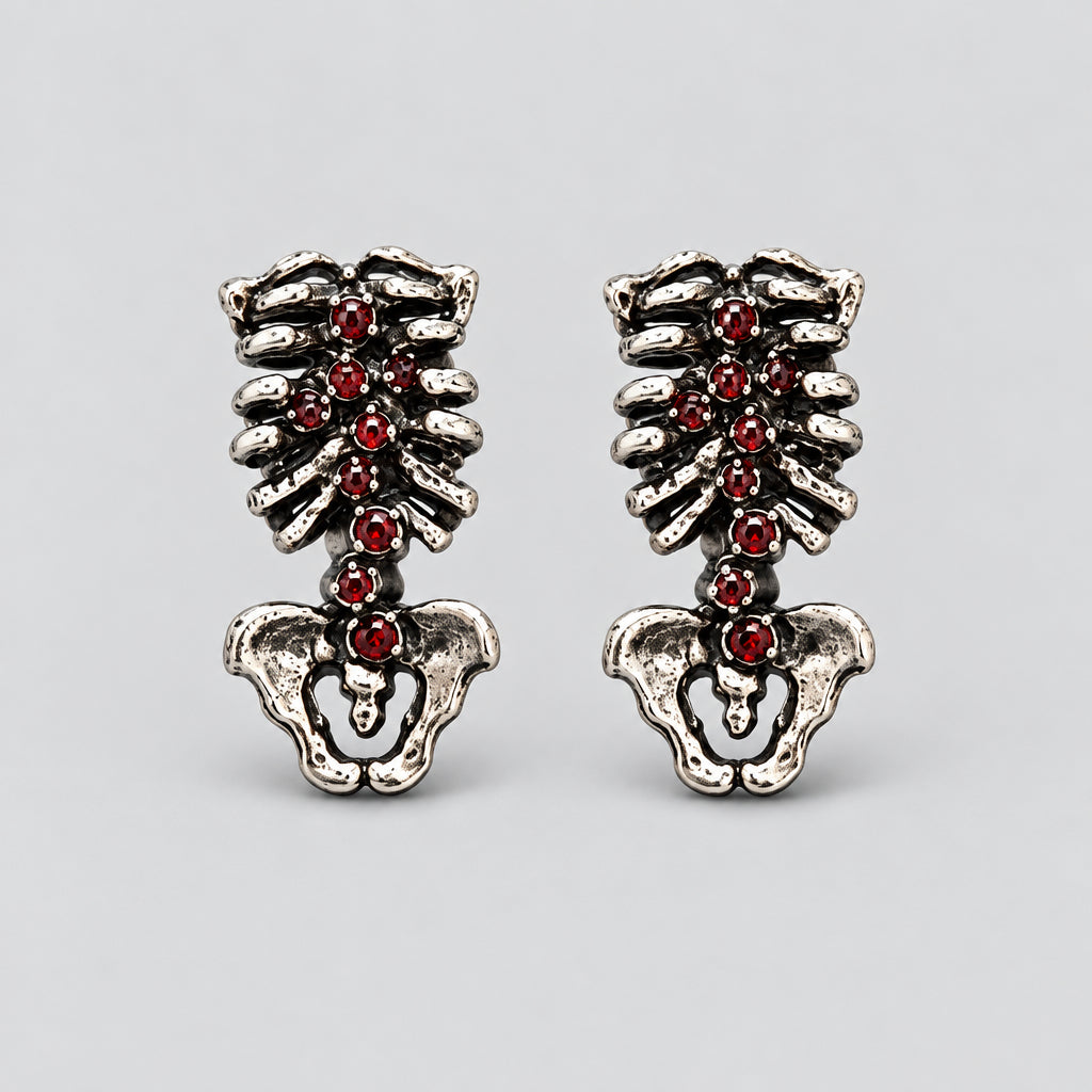 Gothic Skeleton Torso Stud Earrings, Antique Silver Ribcage Pelvis with Red Gemstones, Dark Anatomical Punk Statement Earrings